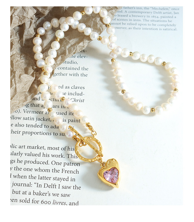 Retro Heart Shape Pearl Titanium Steel Inlaid Zircon Necklace 1 Piece