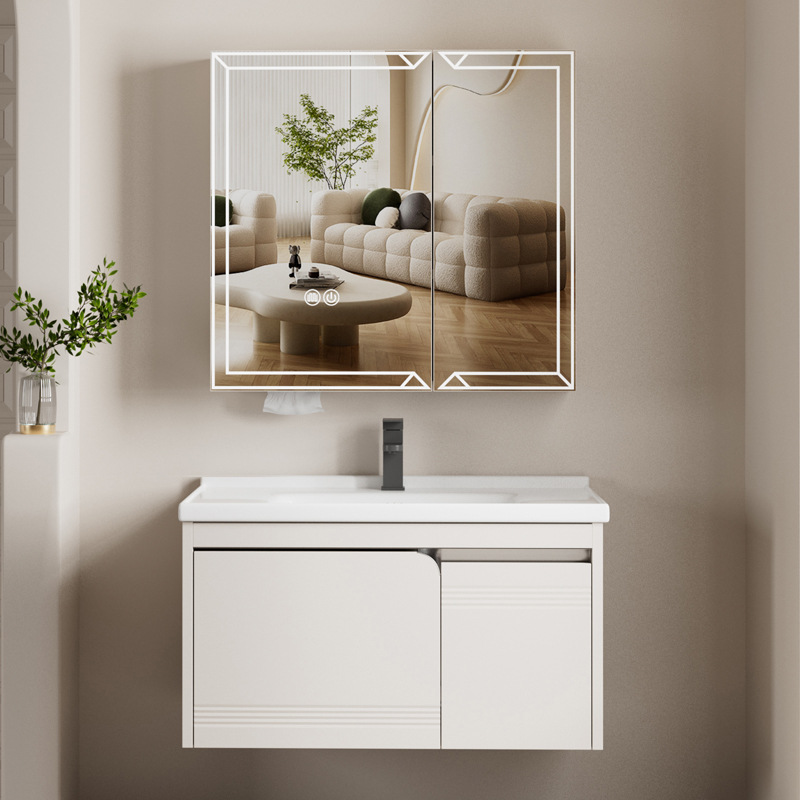 Nuevo gabinete de baño de acero inoxidable tipo pequeño gabinete de baño de aire crema moderno y simple lavabo cerámico combinado en uno