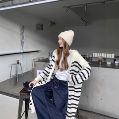 慵懒风条纹连帽毛衣外套女2025秋季新款长款设计感长袖针织上衣潮