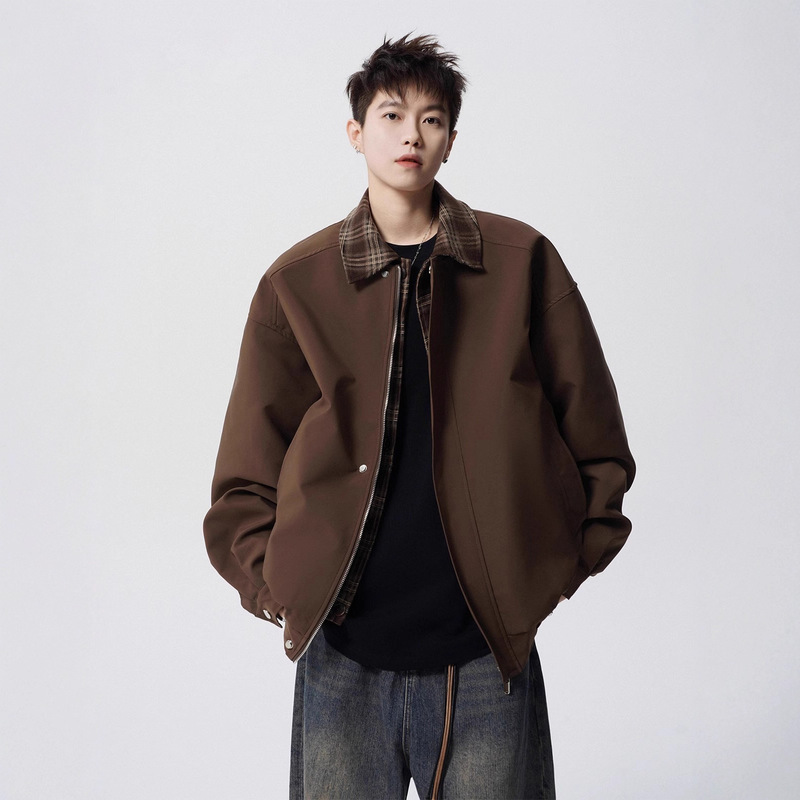 Nasa American Brown Flight Jacket Men's Spring Trend Brand Plaid Patchwork Lapel Baseball Uniform High Street Barn Style Jacket