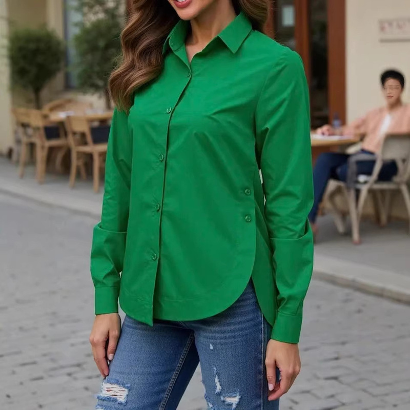 New Style Solid Color Women's Shirt with a Light Luxury Feel, European and American Cross-Border Amazon Style, Lapel Buttoned Long-Sleeve Cardigan Wholesale