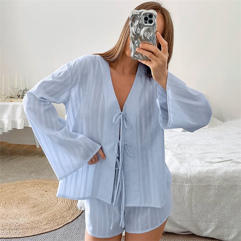 European and American Autumn New Style Loose and Comfortable Pure Cotton Jacquard Breathable Long-Sleeved Shorts Lace-Up Pajamas for Women Cross-Border Home Wear