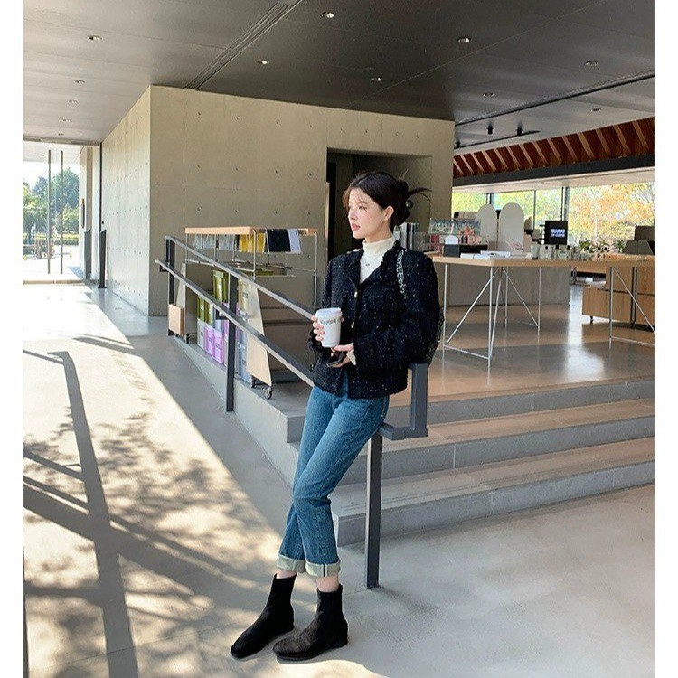 葡萄妈同款韩系复古马丁靴女方头绒面百搭粗跟增高瘦瘦靴秋冬短靴|undefined