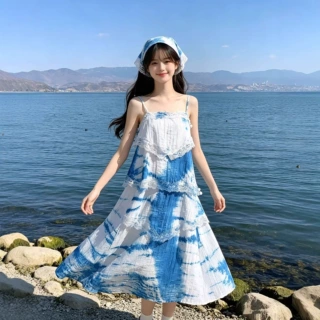 云南大理植物手工扎染夏甜美三层蕾丝花边蛋糕吊带裙M9921