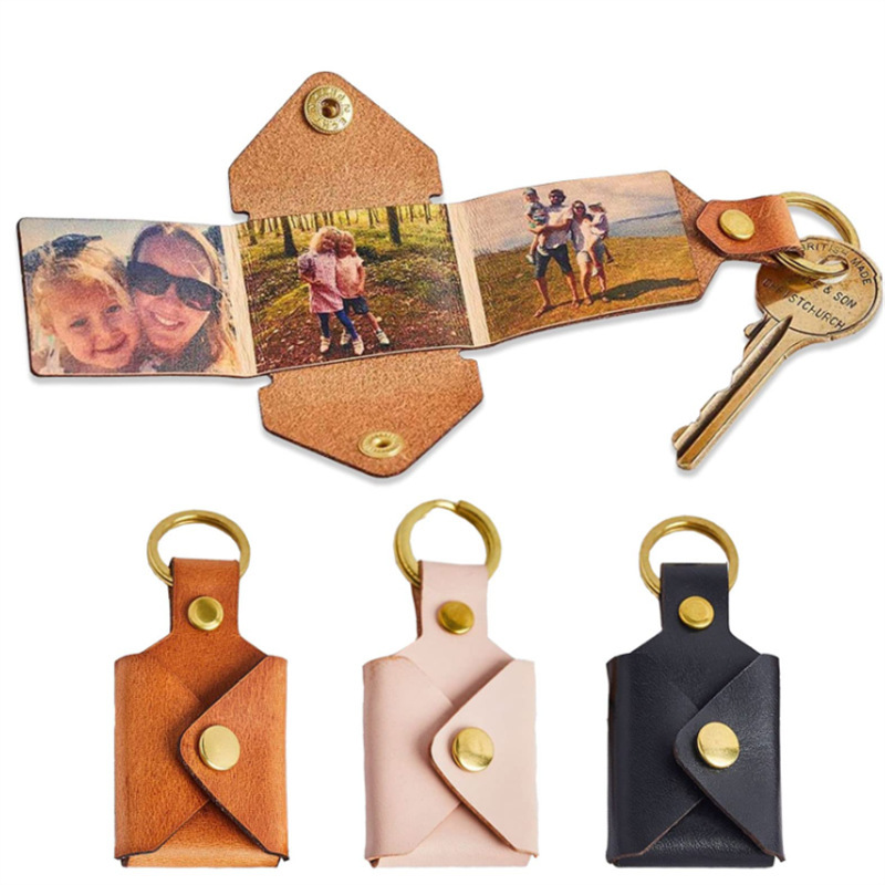 in stock Folding Photo Keychain Leather Case Personalized Carved Dad Blank Keychain Photo Leather Case