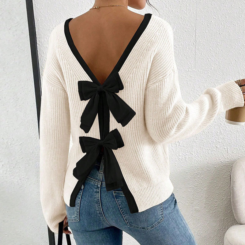European And American Autumn Winter New For Women Cross-Border Fashion Back Bow Decoration Round Neck Pullover_voghion.com