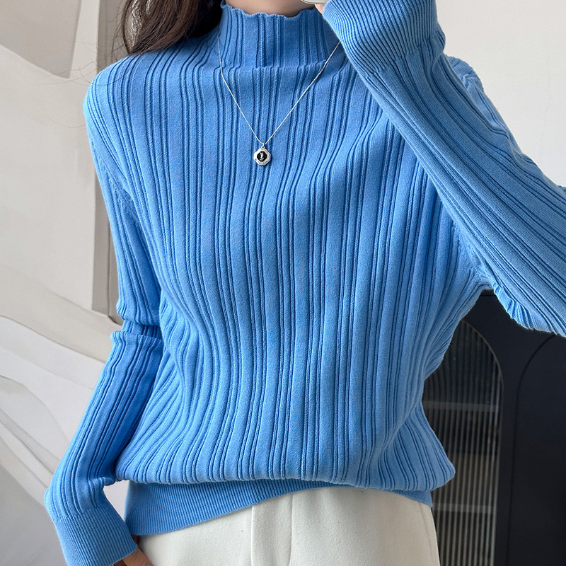 Autumn and Winter New Pure Cotton Half Turtleneck Women's Self-Collar Striped Sweater, Stylish Slim-Fit Inner Knit Base Shirt