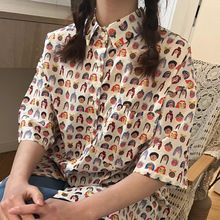 日系复古童趣卡通人头印花单排扣宽松显瘦短袖衬衫女装