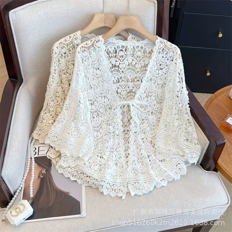 New Chinese Style Crochet Hollow V-Neck Tie Design Knit Sweater for Women French Fashion Loose Outer Shawl Top Trendy