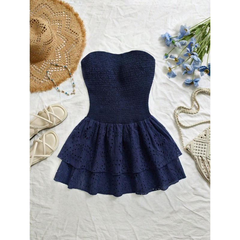 D 85074 comercio exterior Aliexpress moda transfronteriza azul navy pliegue sin correa de hombro bordado agujero sexy