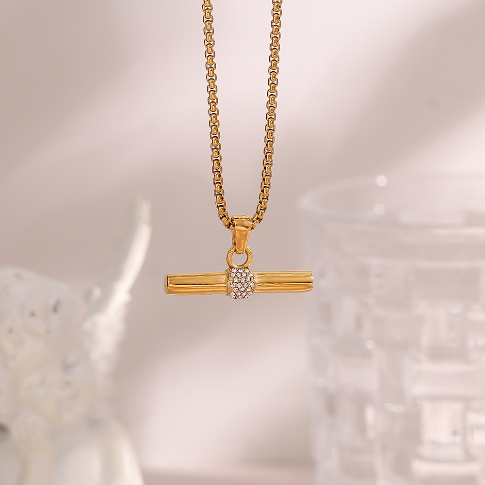 White Zircon Inlaid Geometric Pendant Stainless Steel Necklace