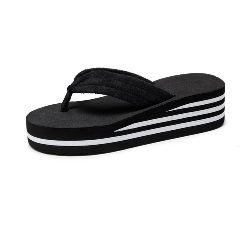 High-heeled black clip-on white slippers Non-slip high-heeled terry cloth slippers Summer women's towel slippers black and white striped slippers