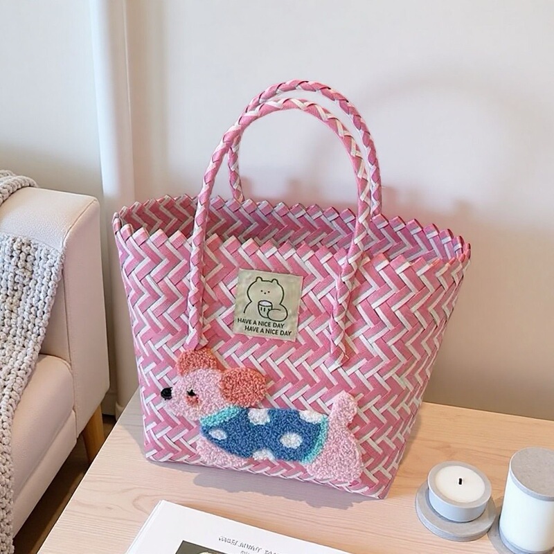 Large-Capacity Dachshund Hand-Woven Cabbage Basket Rattan Handbag Work Sundries Small Tote Bag Picnic Women's Bag