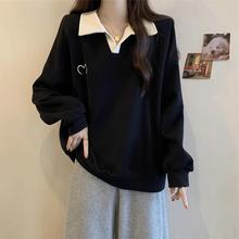 大码女装撞色polo领卫衣女秋季胖mm显宽松设计感慵懒风外套上衣