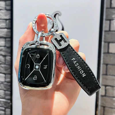 protective shell with buckle, Car key bag - extreme-fox-model-asmart-4-button-single-shell-black-black-h-leather-cord-with-diamond-buckle-silver-number-plate