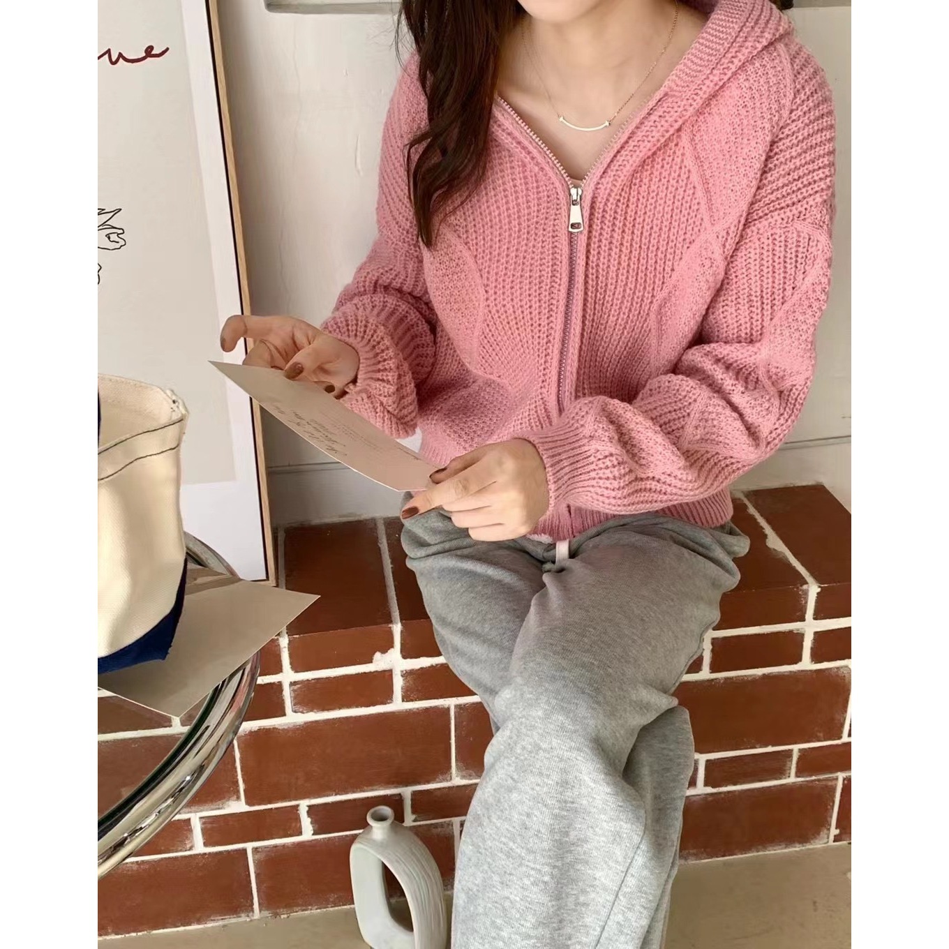 韩国代购高领保暖复古粗针翻领针织衫慵懒宽松气质拉链毛衣外