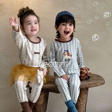 新款纯棉无骨莱卡儿童家居服套装男女童A类卡通秋衣秋裤睡衣套装