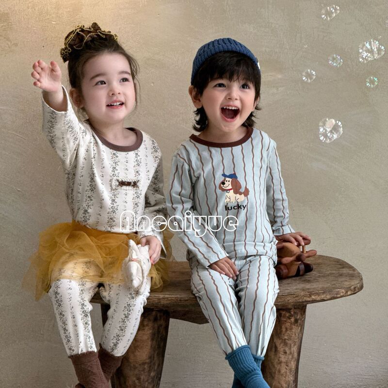 New Pure Cotton Seamless Lycra Children's Home Wear Set for Boys and Girls, Class a Cartoon Thermal Underwear Pajama Set