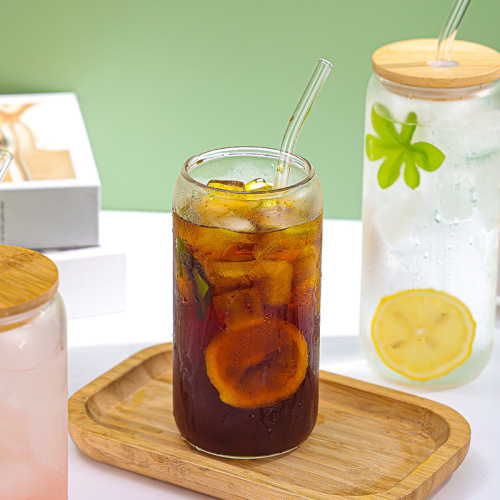 Amazon 16oz Cola Cup with Borosilicate Glass Straw Cup Bamboo Lid Transparent Mason Tea Drink Cup Customization