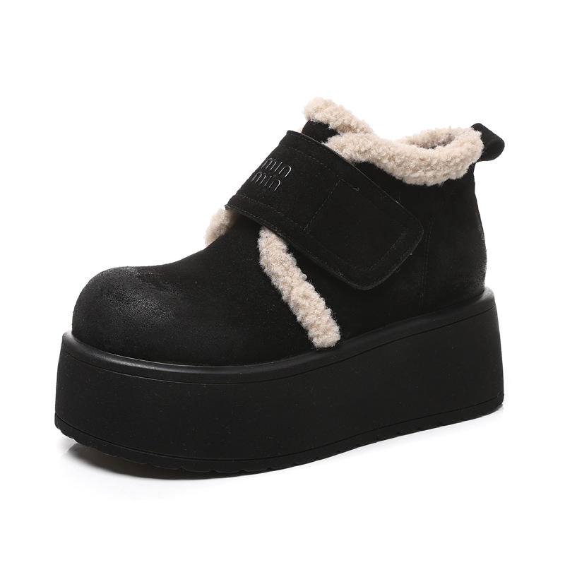 Giày boot nữ cổ cao tăng chiều cao đế dày lót nhung giữ ấm mùa đông — Màu đen