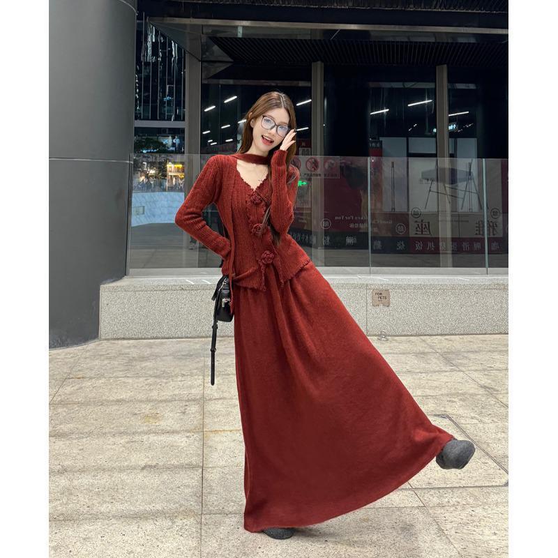 深灰色立体花朵飘带显瘦针织上衣高腰半身长裙女2025春秋时尚套装|undefined