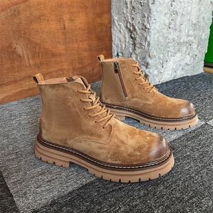 Martin Boots Men's Ankle Boots Autumn Side Zip Boots Genuine Leather Rhubarb Boots Platform Tooling Shoes Outdoor Casual Desert Boots