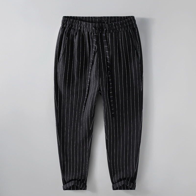 Spring New Men's Cotton and Hemp Thin Breathable Casual Versatile Loose Hemp Harlen Pants Small Feet Crop Pants_voghion.com