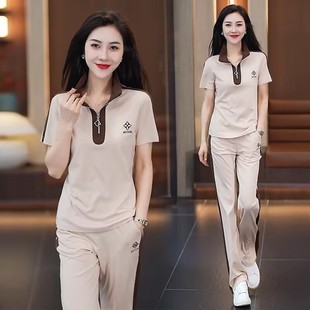 Fashion Sportswear Suit for Women 2025 Summer New High-End Splicing Casual Slim Short-Sleeved Suit Complete Set