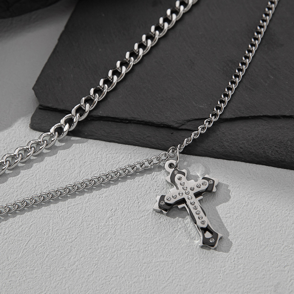 Street Occasion Stainless Steel Material Hip-hop Cross Stainless Steel Inlay Rhinestones Layered Necklaces