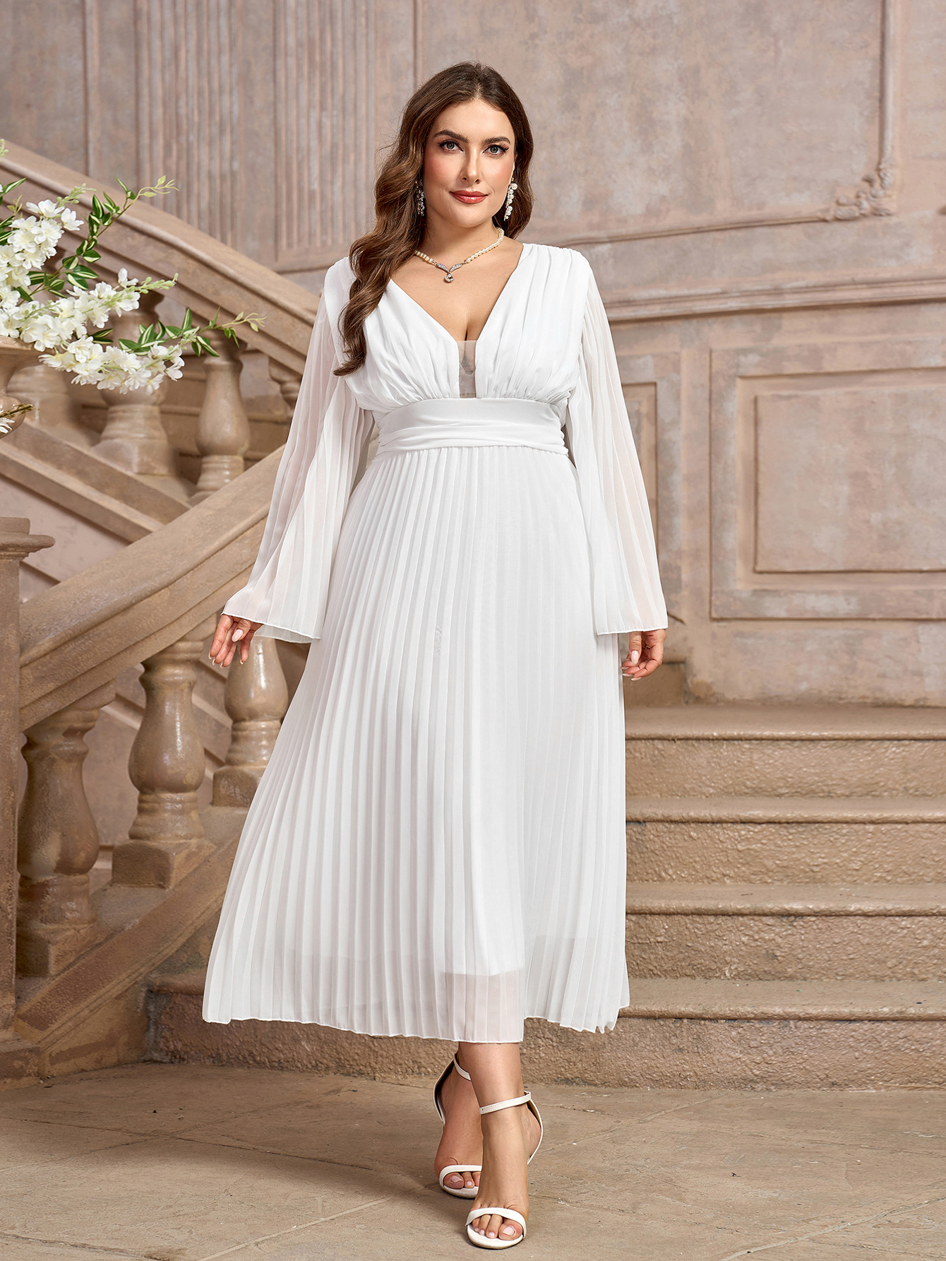 Vestido de talla grande, nueva ropa de mujer de comercio exterior, vestido de gasa sexy con cuello en V y manga larga de Amazon.