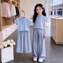 女童装阔腿裤套装夏季儿童女孩蓝色小清新短袖T恤夏天两件套童装