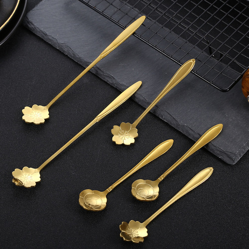 Souvenir stainless steel spoon, creative coffee spoon, stainless steel cherry blossom gold long flower spoon, dessert mixing spoon