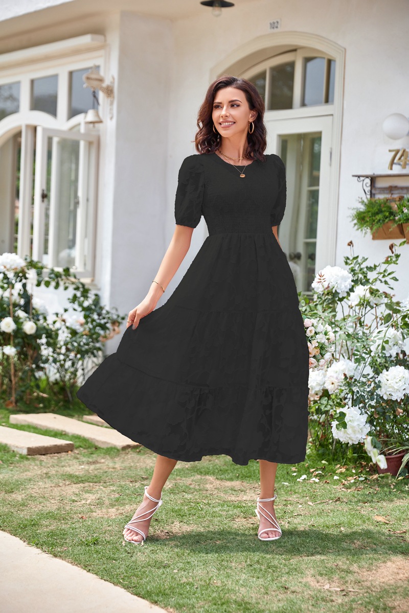 Women's Regular Dress Casual Round Neck Pleated Short Sleeve Solid Color Midi Dress Daily display picture 5