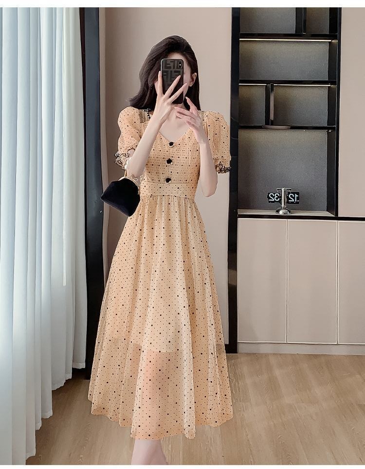 Váy maxi nữ thắt eo chất liệu lưới sóng chấm bi phong cách Pháp — 2808 màu đỏ, 2808 màu vàng, #2290#Quần áo chi tiết 7