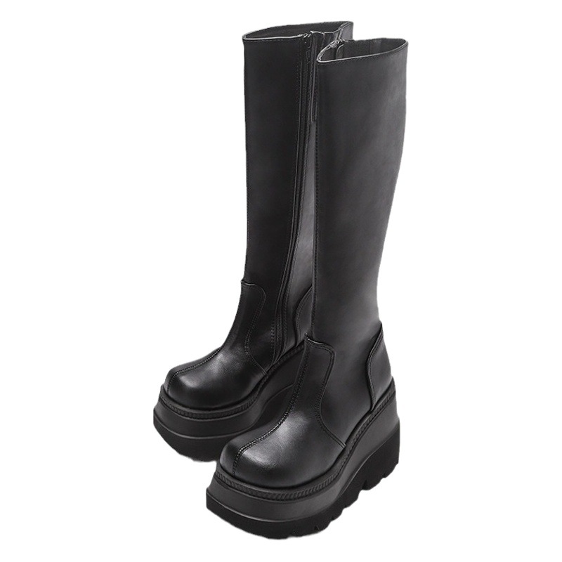 Cuña europea y americana circunferencia del tubo pequeño estilo gótico botas de suela gruesa motocicleta Knight Boots rodilla-alta dedo del pie botas altas para adelgazar