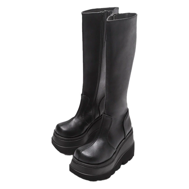 Европейские и американские длинные сапоги на танкетке в готическом стиле с маленькими бочками и толстой подошвой, мотоциклетные ботинки для всадников, но высокие сапоги до колена с большой головкой для похудения