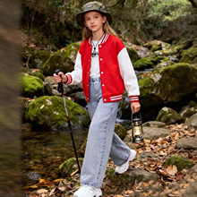 工厂定制-大童美式复古长袖棒球服+浅蓝牛仔休闲阔腿长裤休闲套装