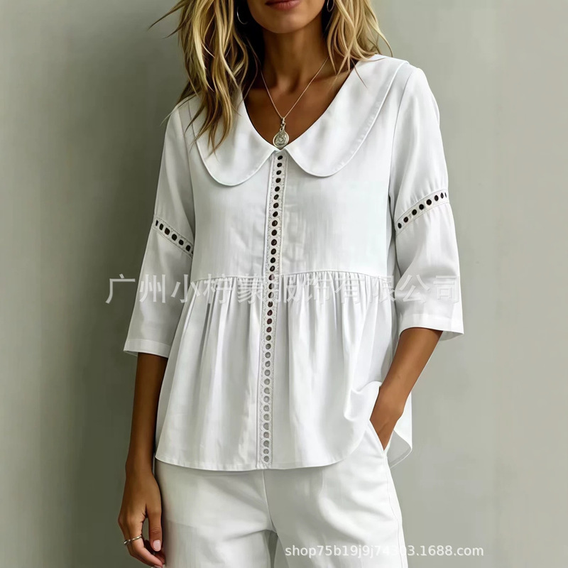 2026 Summer Lace Splicing Doll Collar Three-Quarter Sleeve Shirt European and American Cross-Border Foreign Trade Casual Women's Top