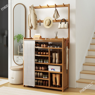 Solid Wood Indoor Dust-Proof Multi-Functional Shoe Rack with Integrated Clothes Hanger, Multi-Layer Home Door Coat Rack