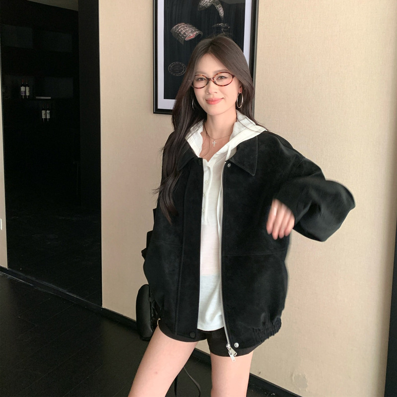 适美秋季翻领鹿皮绒夹克外套女复古美拉德拉链上衣连帽打底衫套装|undefined