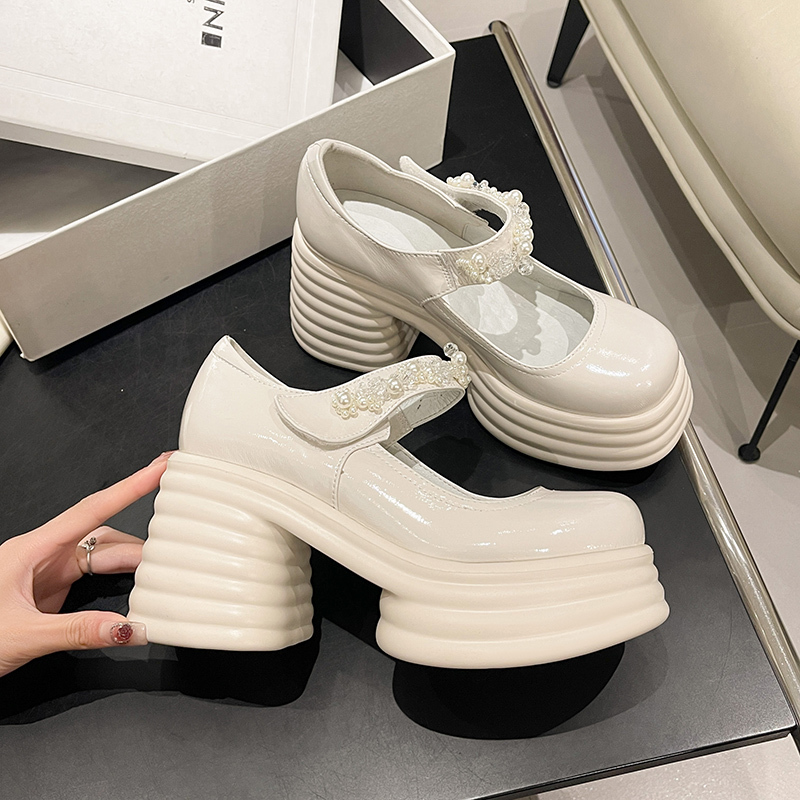 Thick-Soled Wedding Shoes, the Heroine's Wedding Dress Artifact, Platform Shoes, Spring Dwarf Thick Heels, Pearl Mary Jane Bridal High Heels Thick-Soled Wedding Shoes, the Heroine's Wedding Dress Artifact, Platform Shoes, Spring Dwarf Thick Heels, Pearl Mary Jane Bridal High Heels