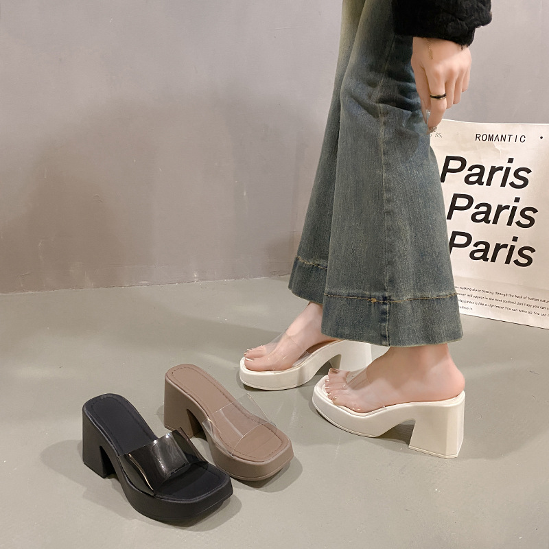 High Slippers For Women Summer Outdoor 2025 New Transparent One-Strap Sandals Waterproof Platform Thick Sole Chunky Heel_voghion.com