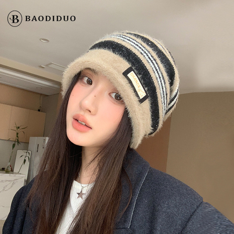 秋冬保暖显脸小堆堆帽女百搭防风针织帽大头围拼色条纹包头毛线帽|undefined