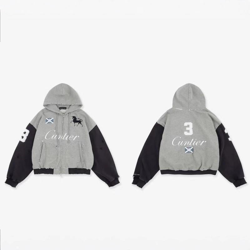 G/R 25ss重工拼色做旧破坏复古刺绣战马拉链帽衫|undefined