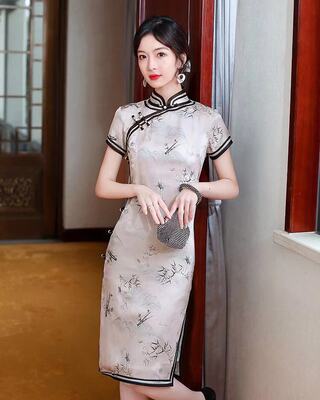 silk printing cheongsam Dress 2021 Summer style Chinese style fresh Side frog The dress