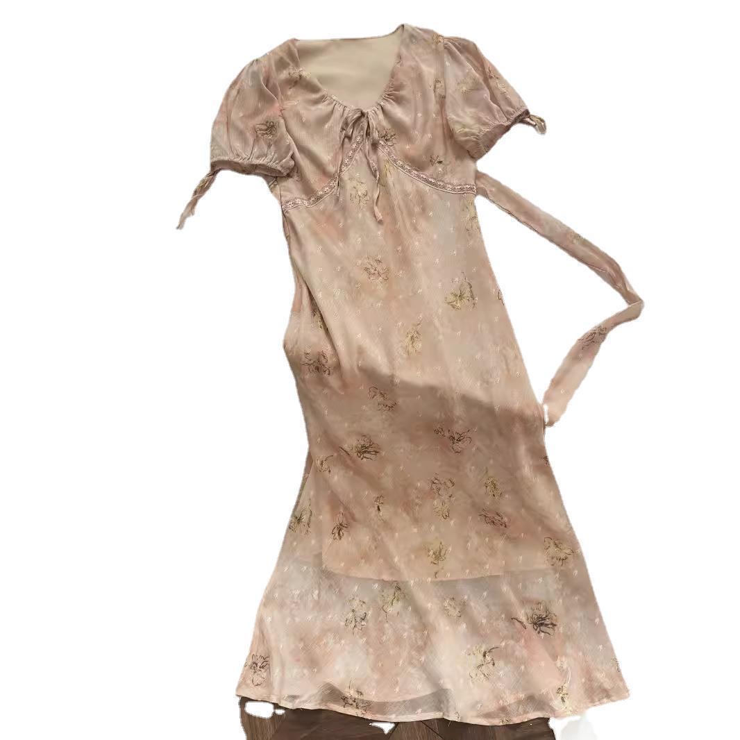 moonlight/Summer Commuter Temperament Gentle Floral Chiffon Short Sleeve dress