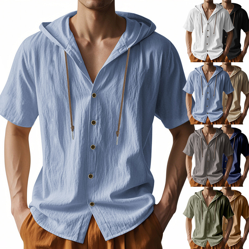 Cross-border Men's Sports Casual Comfortable Short-sleeved Shirt Hooded Fashion Sweater Cardigan Trendy All-match Loose T-shirt