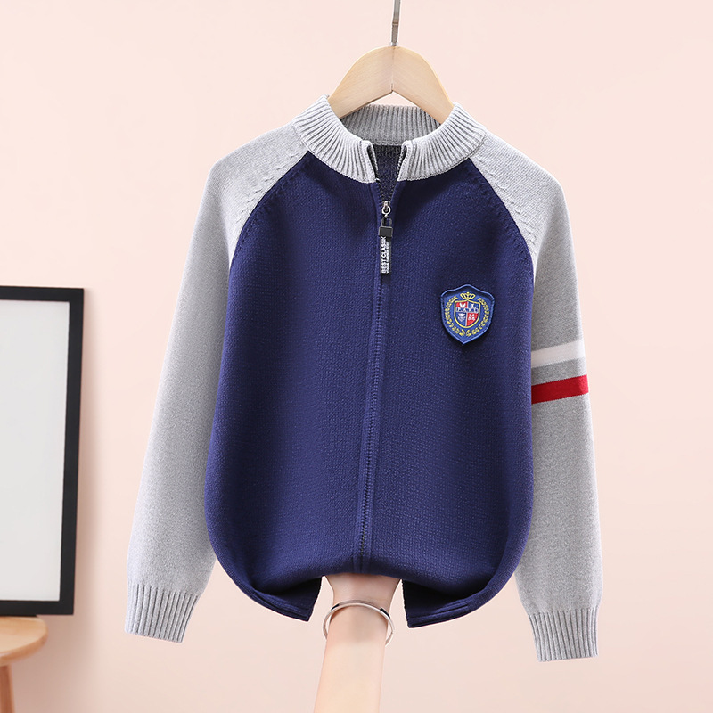 Boys' Pure Cotton Sweater with Zipper Cardigan, Medium and Large Children's Knitwear Jacket, Children's Boys' All-Cotton Autumn and Winter Fleece-Lined and Thickened