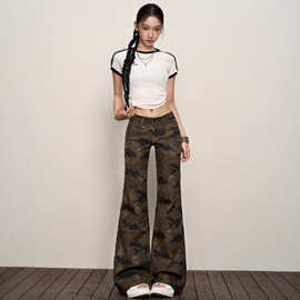 迷彩微喇叭牛仔裤女2025新款春秋低腰垂感修身显瘦美式辣妹裤子潮