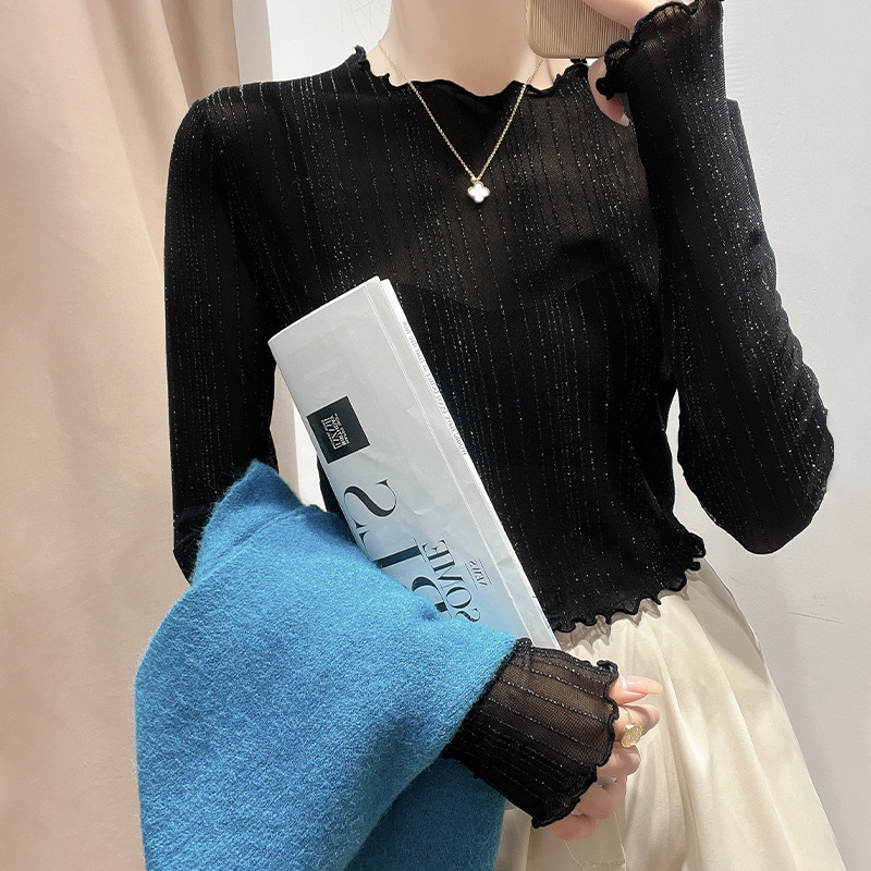Mesh Base Shirt Women's Slim-fit Long-sleeved Lace Shirt with Sand Body T-shirt Tulle Shirt Perspective Short Top Mesh Base Shirt Women's Slim-fit Long-sleeved Lace Shirt with Sand Body T-shirt Tulle Shirt Perspective Short Top